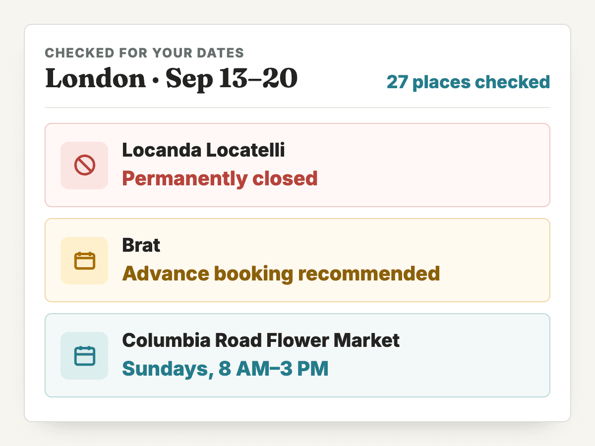 TripSapien checks London for Sep 13–20 and flags a closure, booking need, and limited opening day.