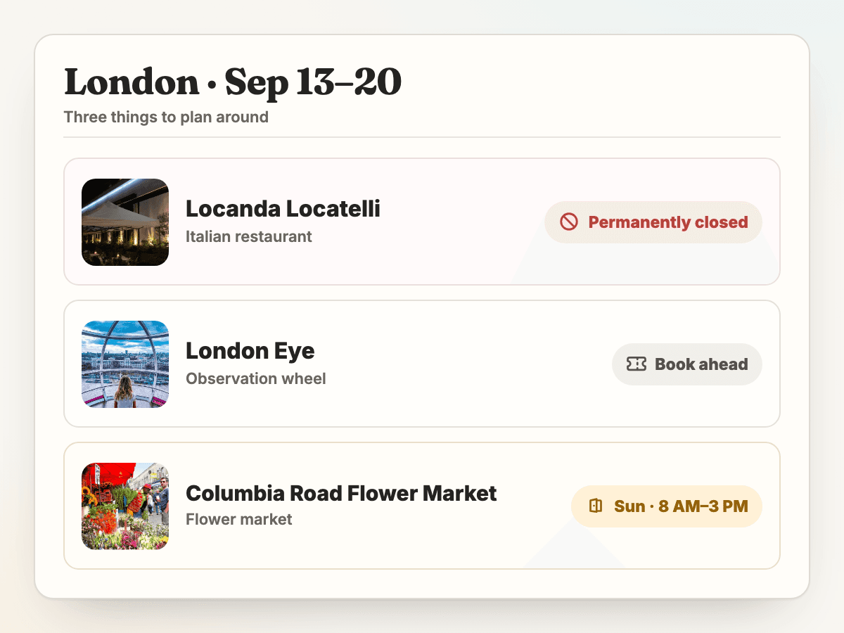 London place rows for Sep 13–20 flag Locanda Locatelli as permanently closed, the London Eye as book-ahead, and Columbia Road Flower Market as open Sunday from 8 AM to 3 PM.