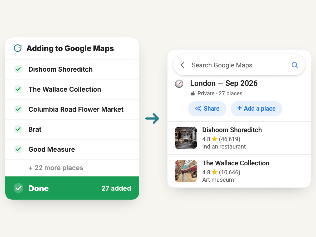 TripSapien sends the trip’s 27 places — Dishoom Shoreditch, The Wallace Collection, and more — to one private Google Maps list from desktop Chrome.