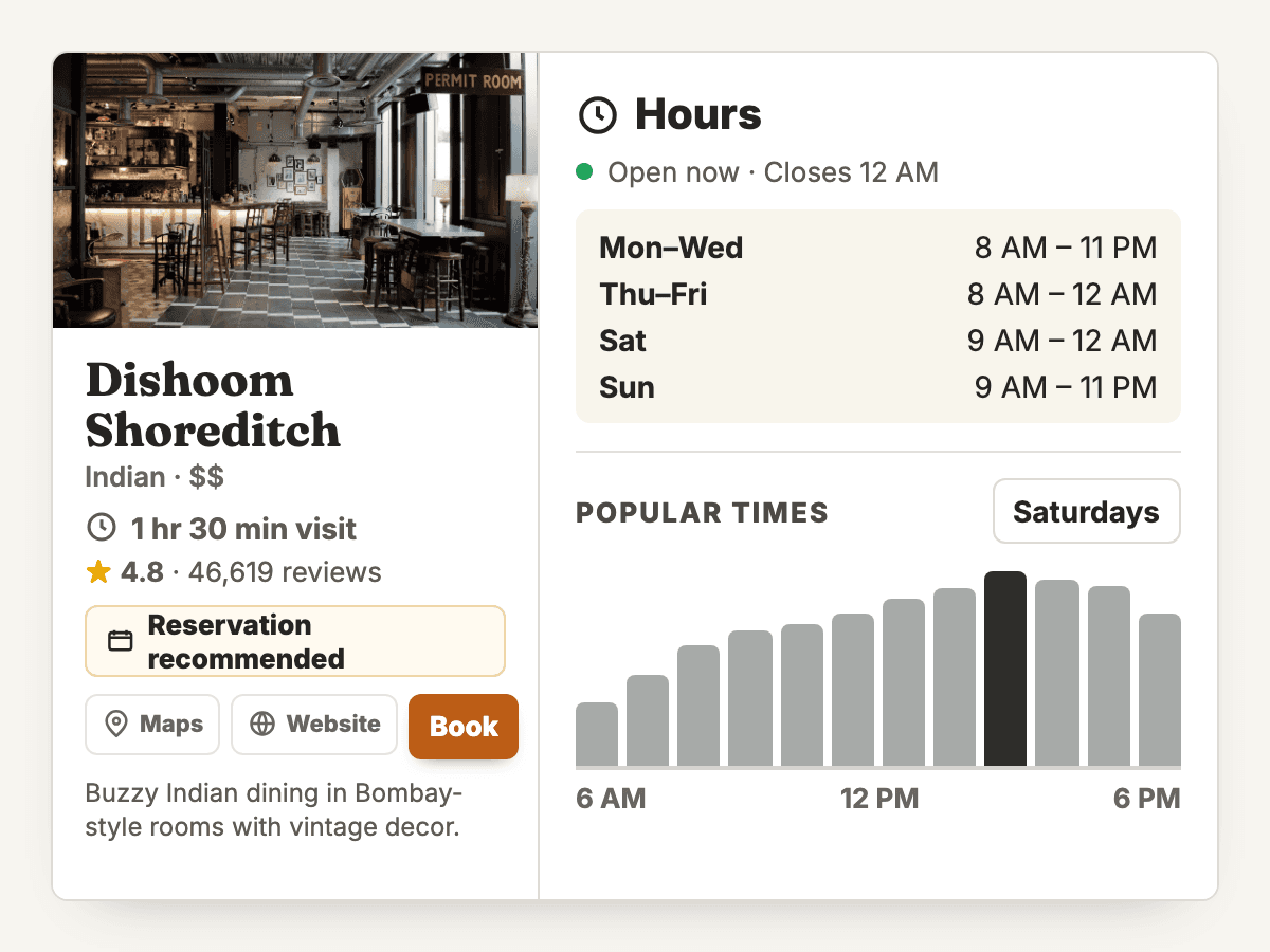 Dishoom details show visit length, reservation guidance, and Saturday busy times.