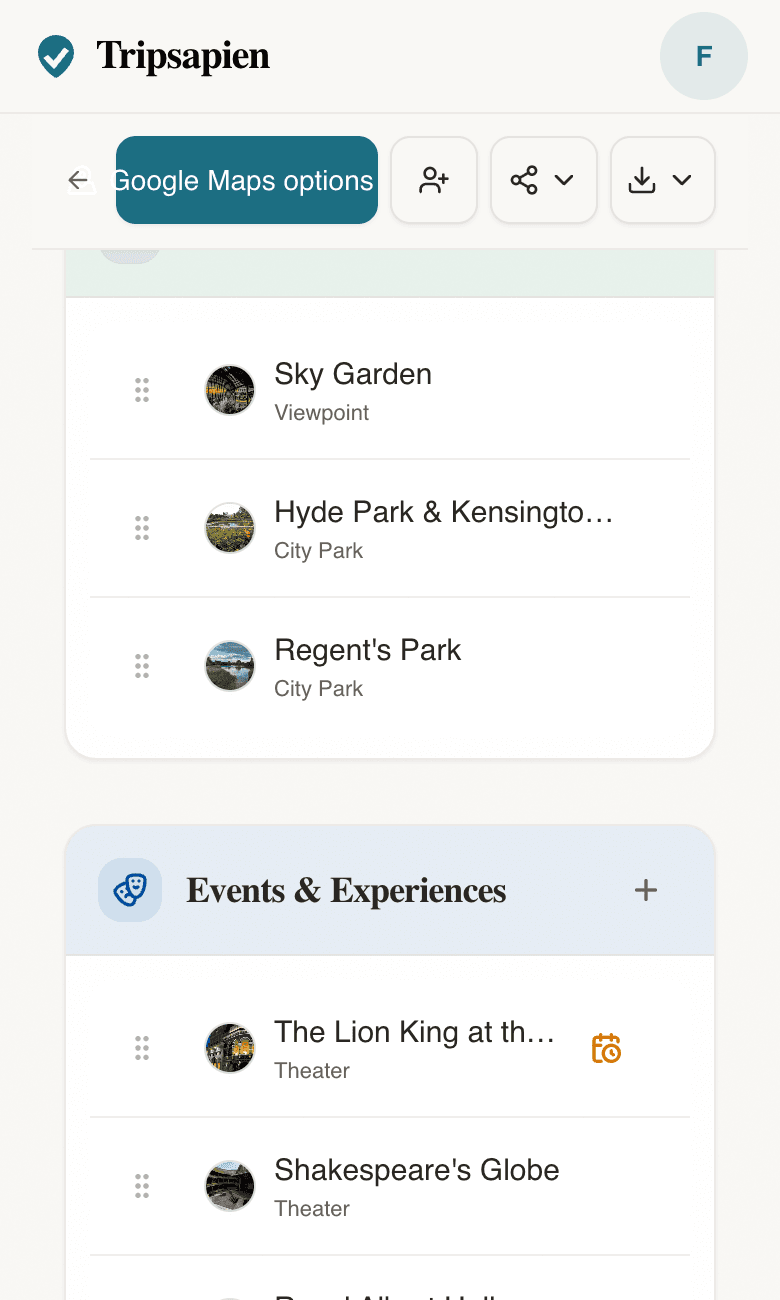 Tripsapien suggestions panel showing events that overlap the trip dates.