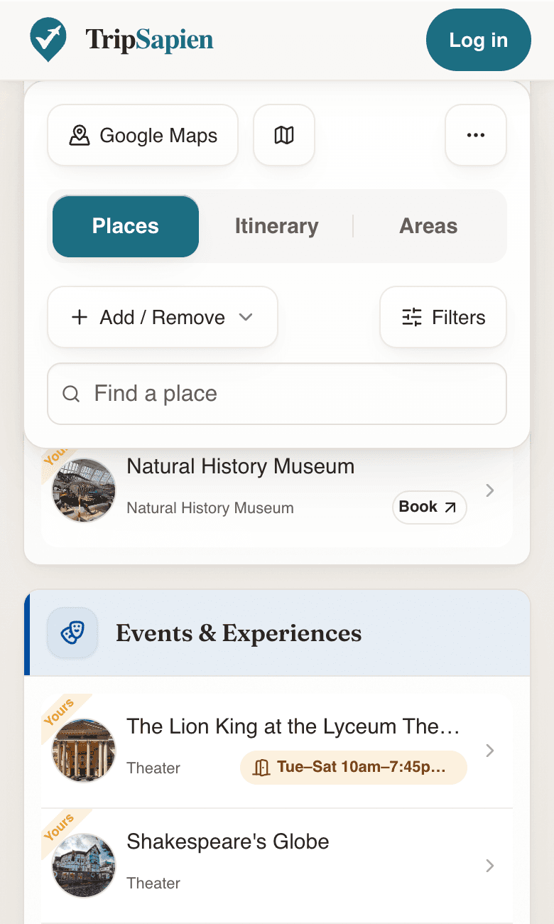 TripSapien suggestions panel showing events that overlap the trip dates.
