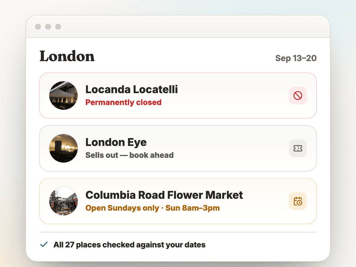 Example TripSapien review for a London Sep 13-20 trip showing three kinds of available place signals: a permanent-closure label, a book-ahead warning, and a Sunday-only schedule, with count pills for 27 places.