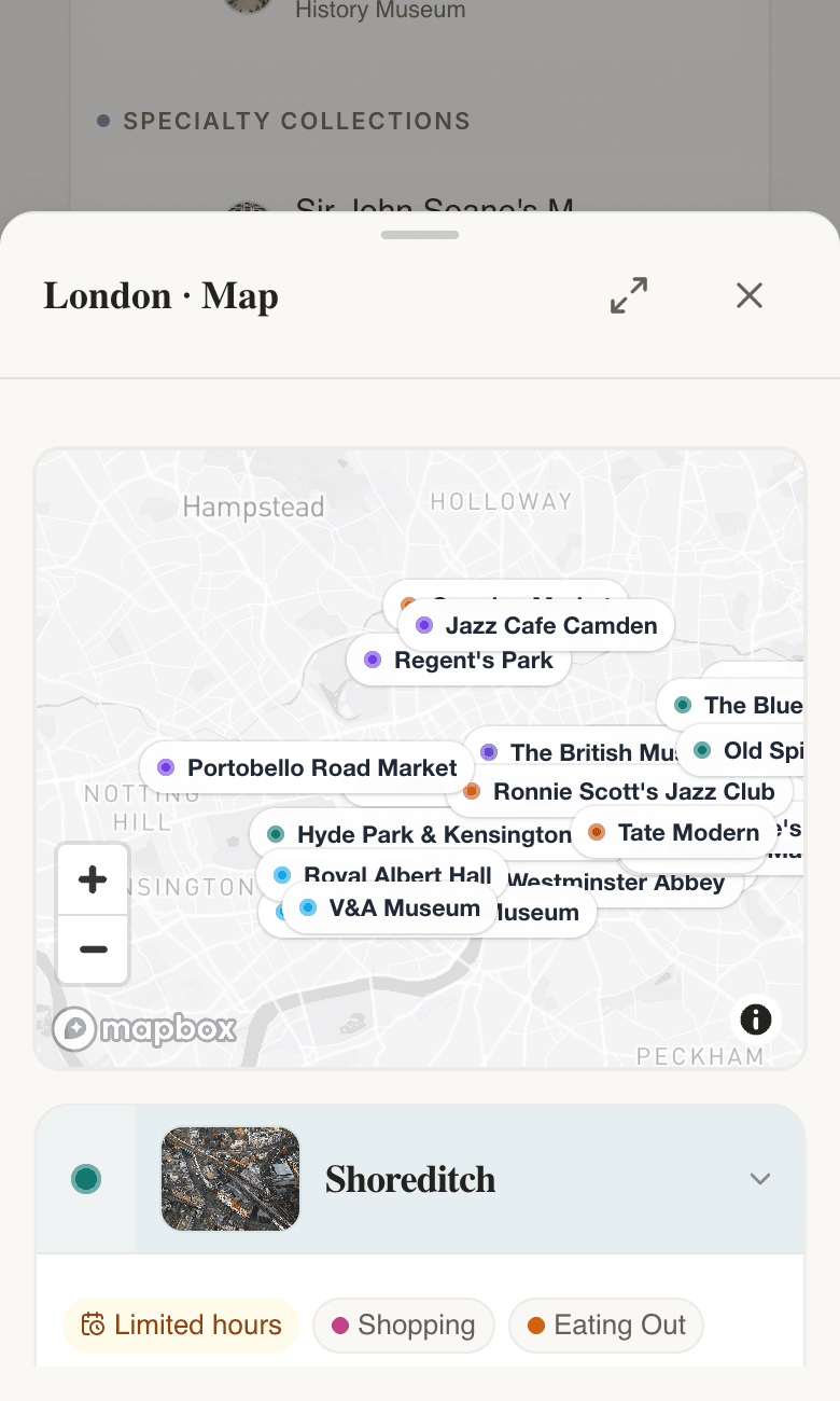 Tripsapien Neighborhoods tab grouping saved places by area with category subsections.