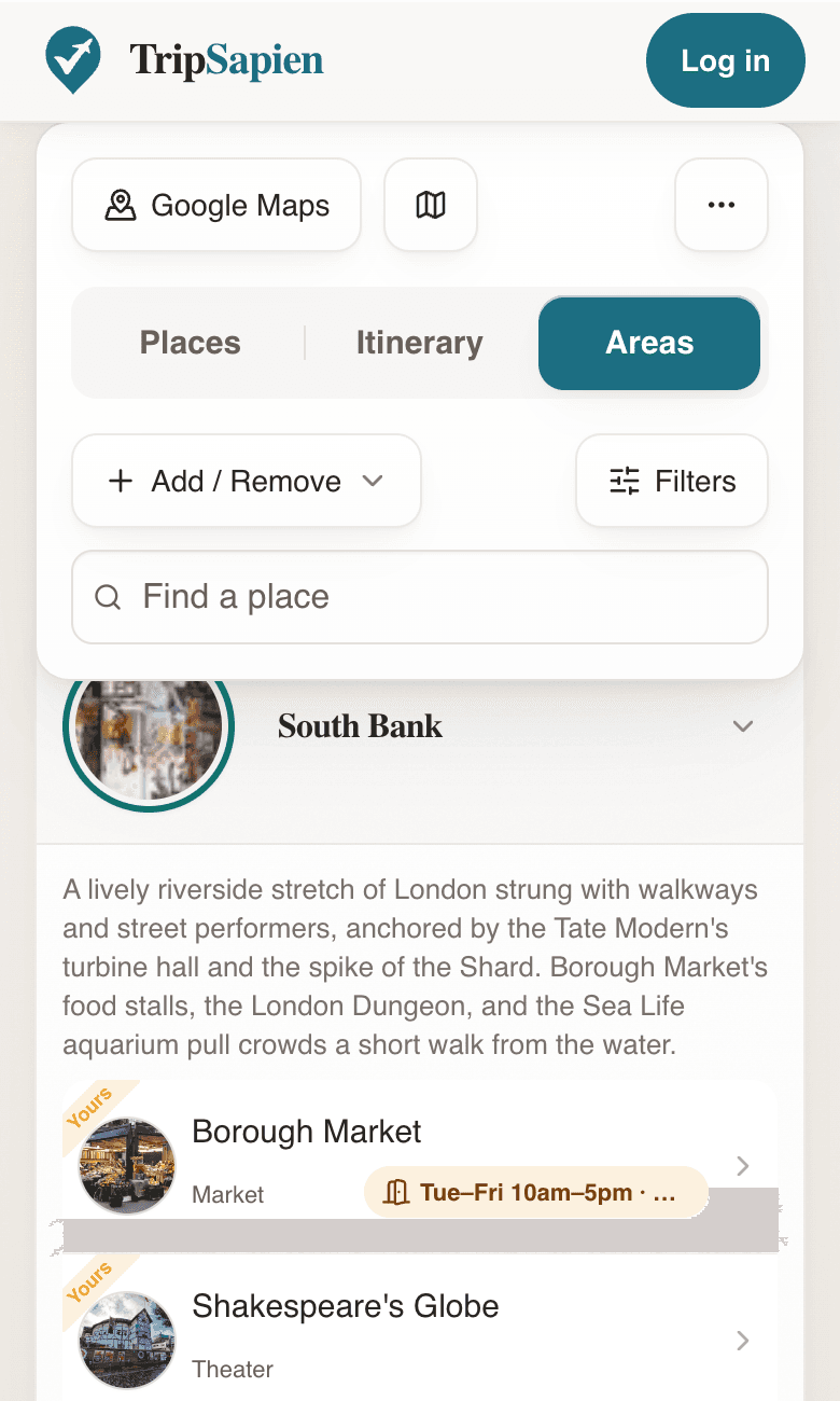 TripSapien Neighborhoods tab grouping saved places by area with category subsections.