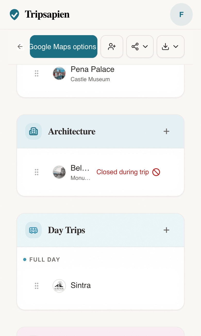 Tripsapien places tab showing recommendations organized into clean groups by type, such as Day Trip and Food.