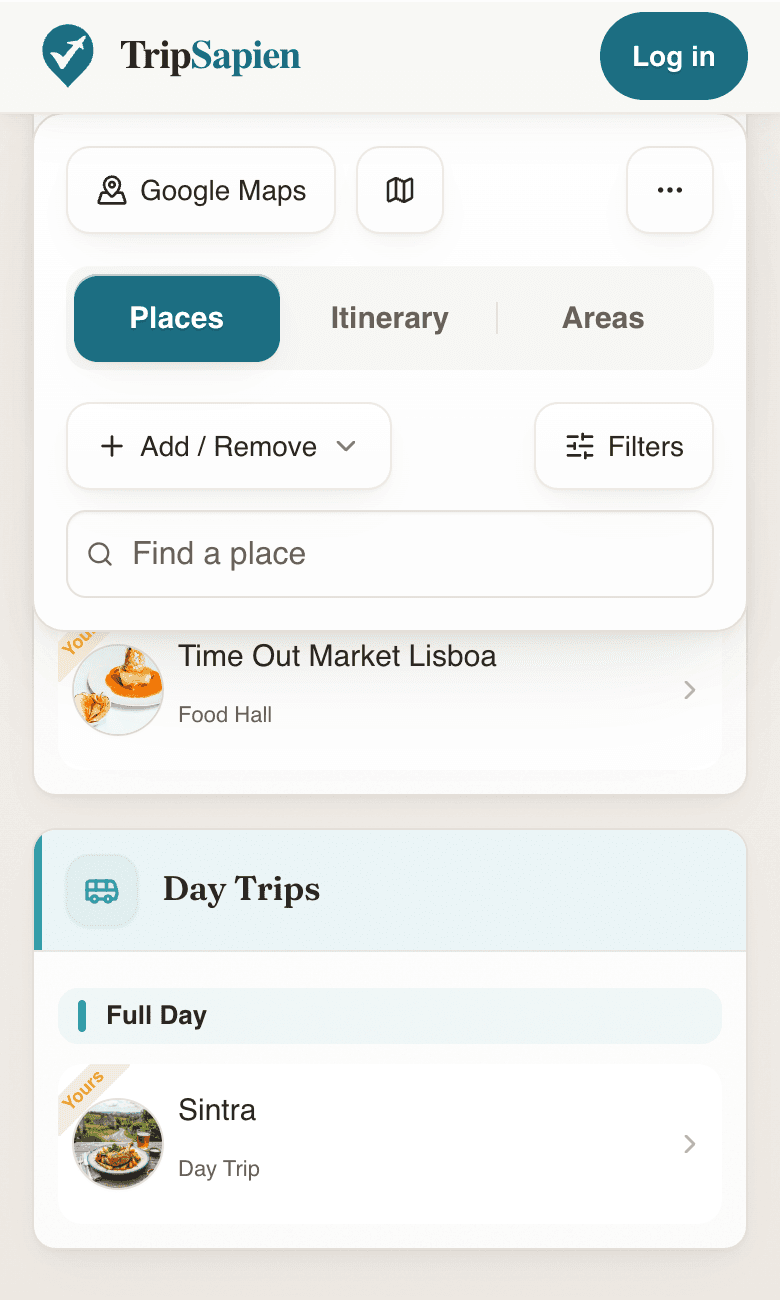 TripSapien places tab showing recommendations organized into clean groups by type, such as Day Trip and Food.