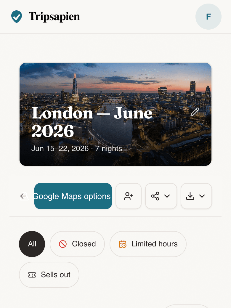 Tripsapien review screen showing trip-date validation, booking-ahead flags, and a checked places list.