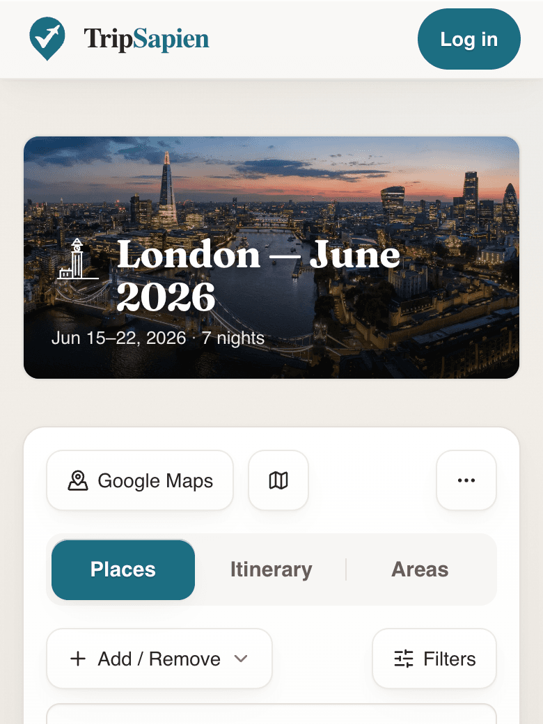 Example TripSapien review screen showing trip-date signals, book-ahead flags, and a matched-places list.