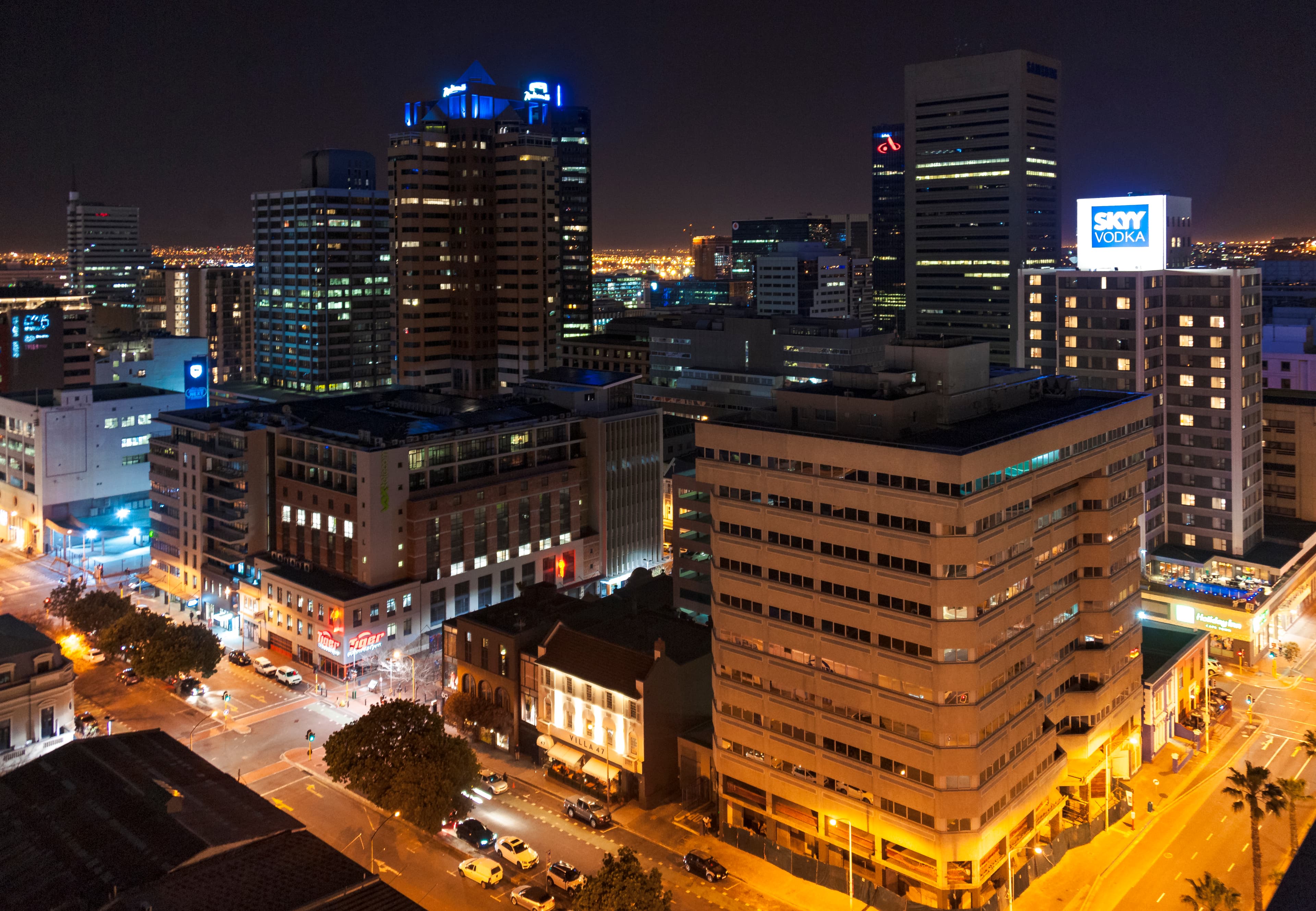 Downtown Cape Town at night from roof of Strand South hotel in Cape Town, South Africa