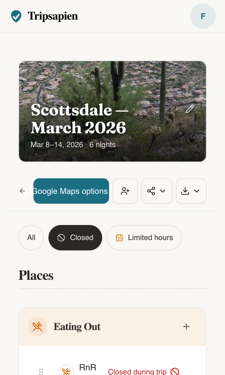 Tripsapien review screen showing closure flags for places that are not open during the trip dates.