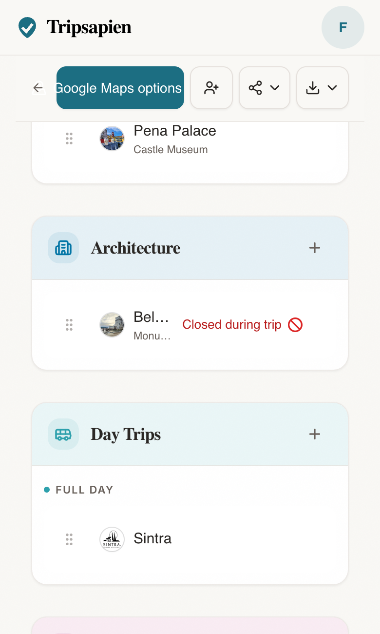 Tripsapien places tab showing recommendations organized into clean groups by type, such as Day Trip and Food.